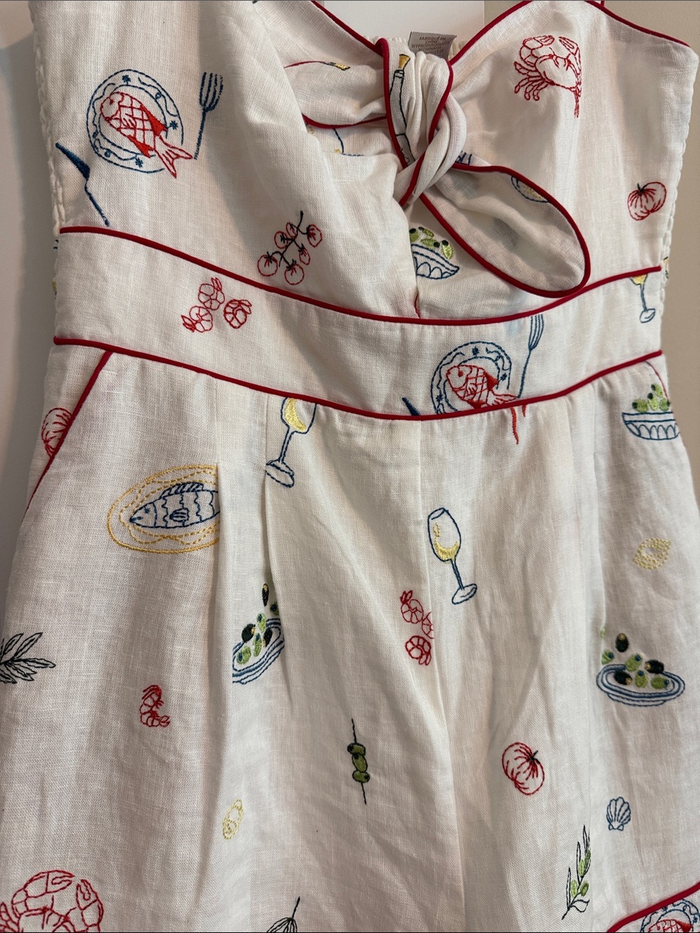 Caroline Constas Cream Linen Romper with Red Trim and Multicolor Embroidery - Picture 5 of 10